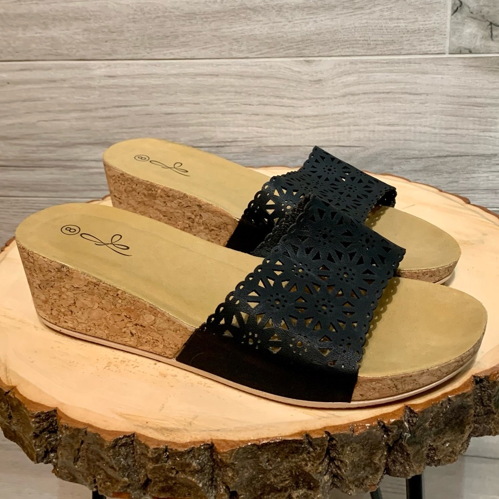 Black Wedge Slide Sandals with Laser-Cut Upper